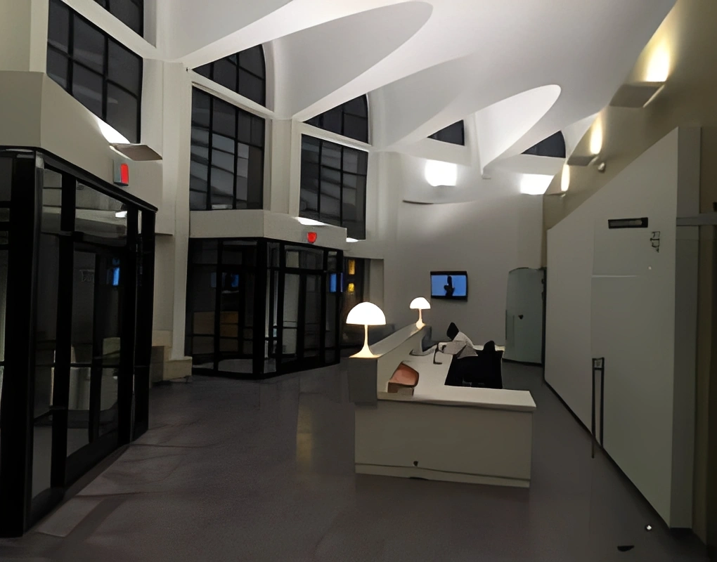 Large room with a desk, chairs, lamps, a television mounted on the wall, doors, windows, and lights