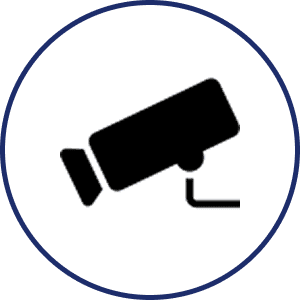 Black and white icon of a security camera in a blue circle, set against a white background