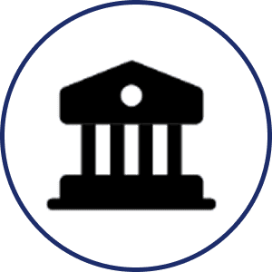 Black and white icon of a building with columns in a circle, representing a bank