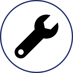 Black and white icon of a wrench in a circle, which is a symbol of a tool used for repair