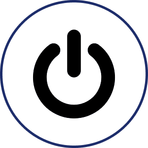 Black power button in a blue circle on a white background