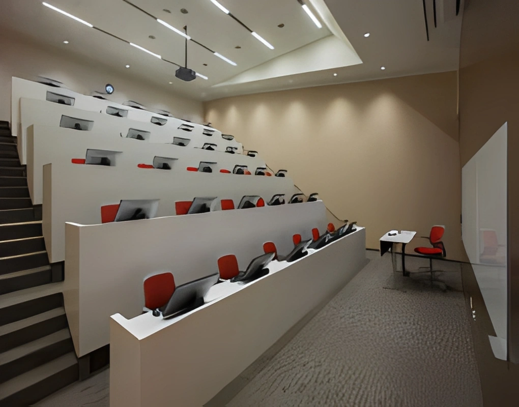 Large lecture hall with red chairs and white desks arranged in a row, with monitors on the tables