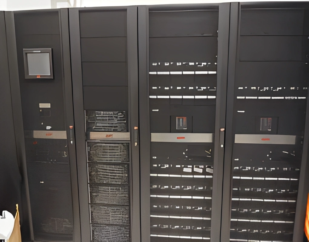 Large metal cabinet filled with lots of different types of electrical equipment, including a rack