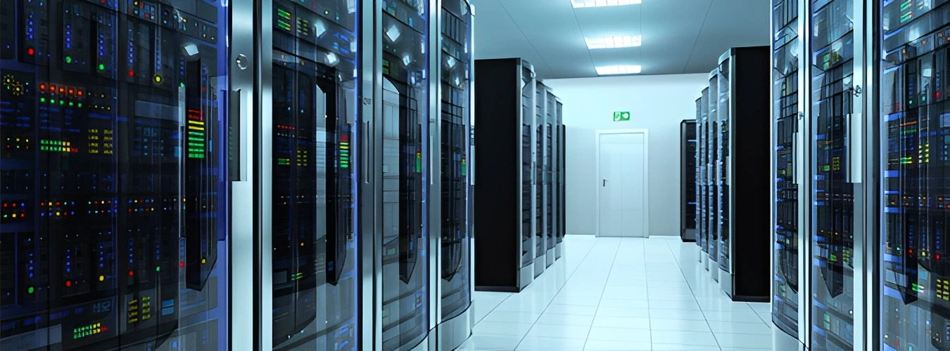 Server room filled with lots of servers, with a door in the background and lights at the top