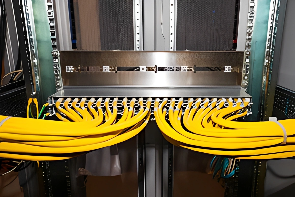 Rack with a bunch of yellow ethernet cables hanging from it, indicating that the network is being monitored and monitored