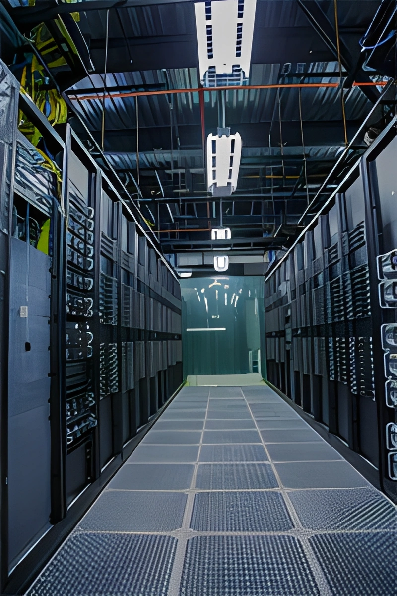 Long hallway in a data center with a green door in the background