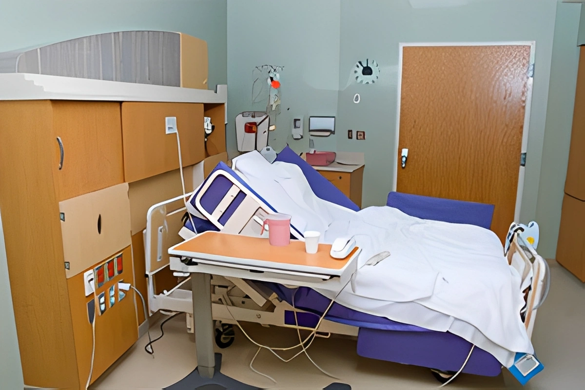 Hospital room with a bed, cupboard, door, wall clock, and various objects attached to the wall