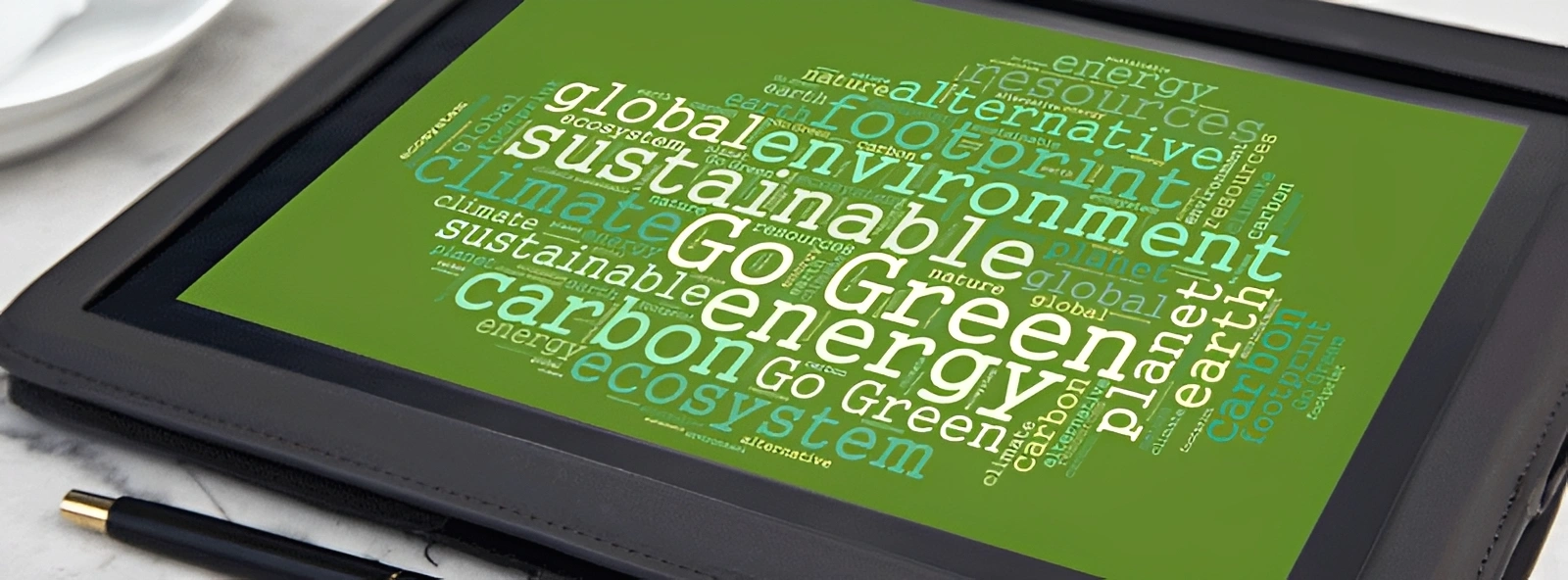 Digital tablet displaying environmental keywords