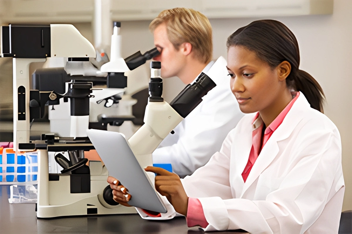 Two people in lab coats looking through microscopes in a laboratory