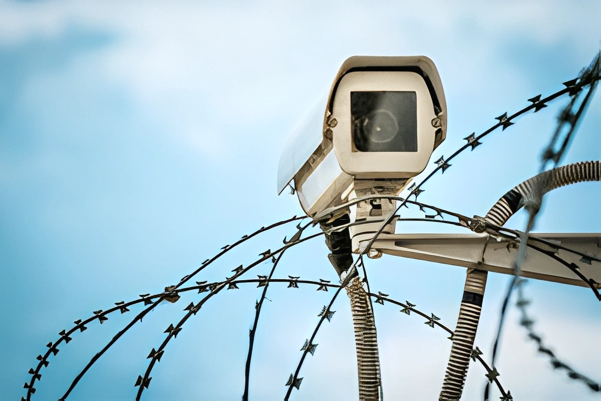 Security camera mounted on top of a barbed wire fence, with a clear blue sky in the background