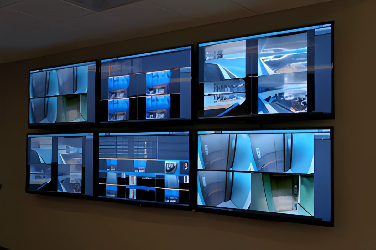 Wall with a variety of video wall displays, including a bunch of monitors mounted on it