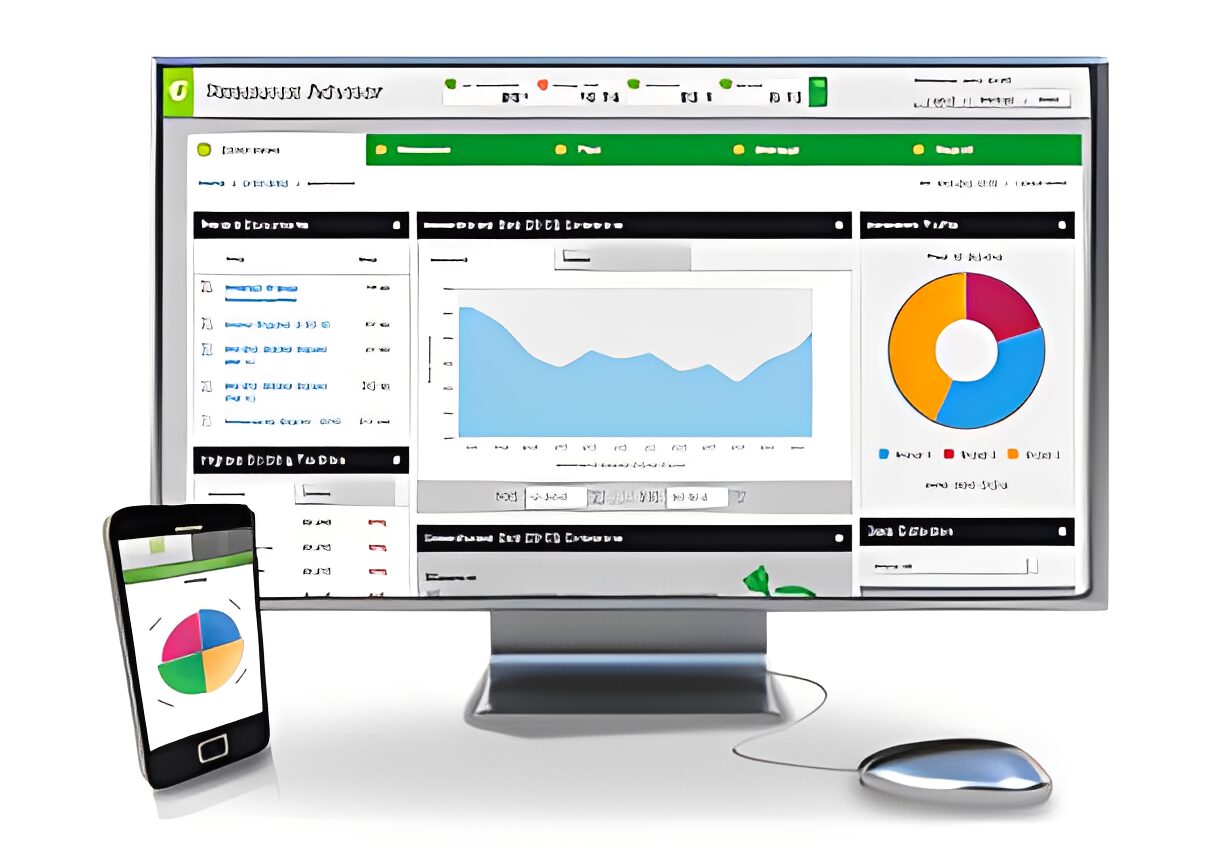 Infographic showing computer monitor, mouse and smartphone sitting on top of a desk, with a white background