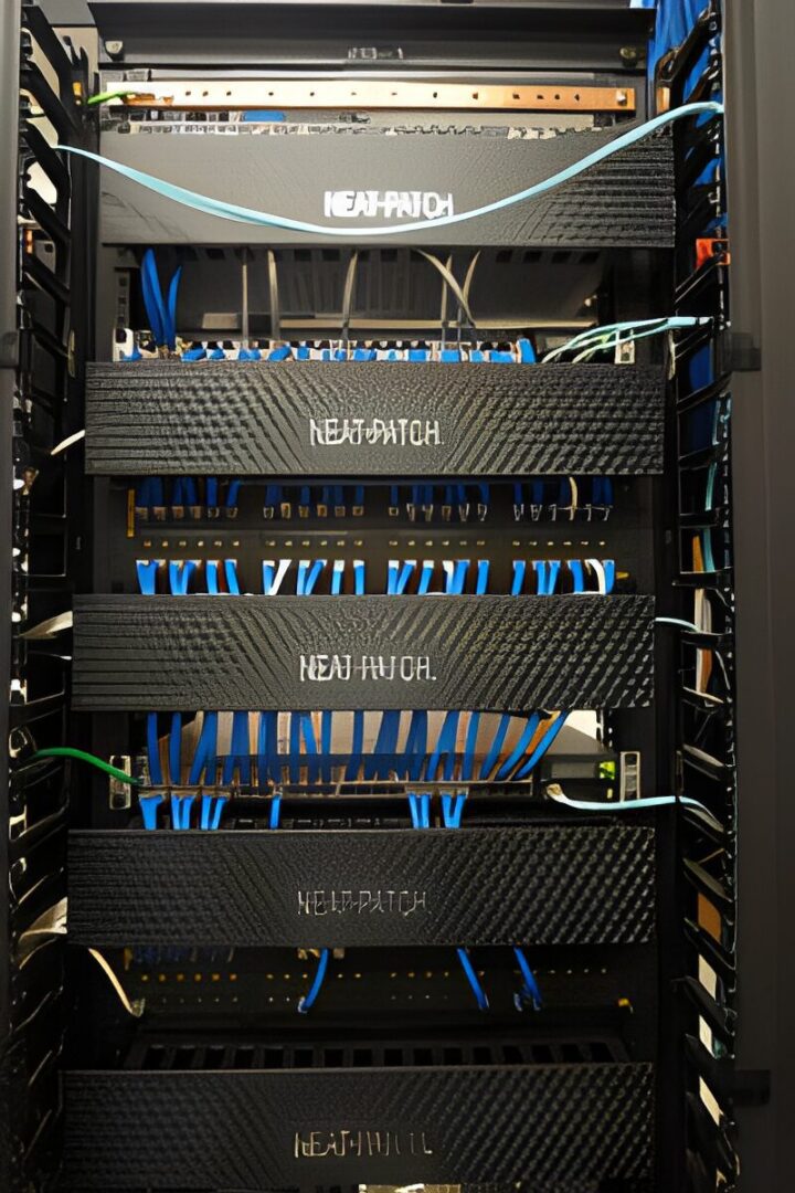 Rack of servers in a server room, with a few black objects and blue and black wires connected to them