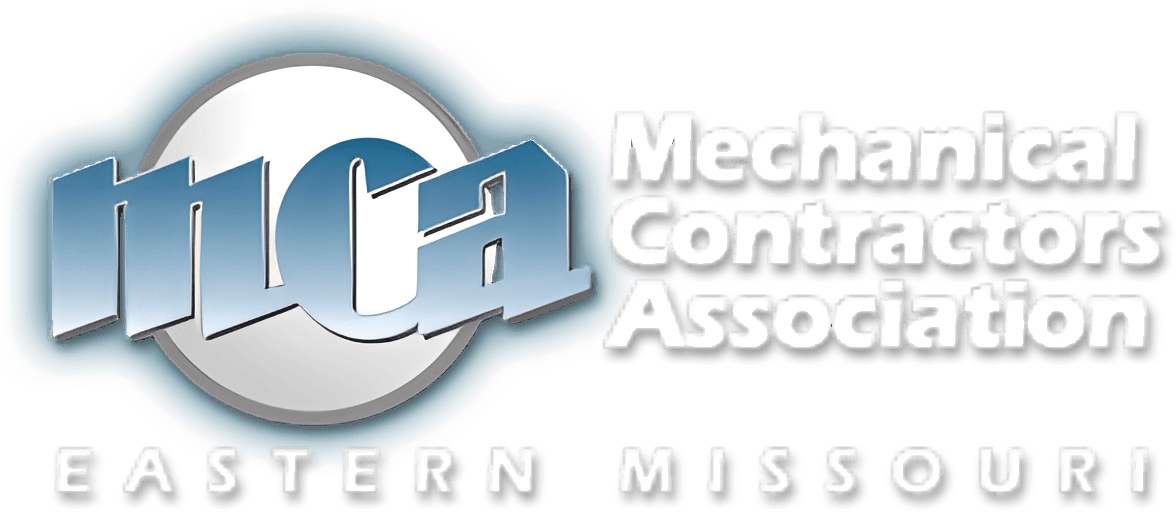Logo of the Mechanical Contractors Association of Eastern Missouri, which is written in black and blue on a white background