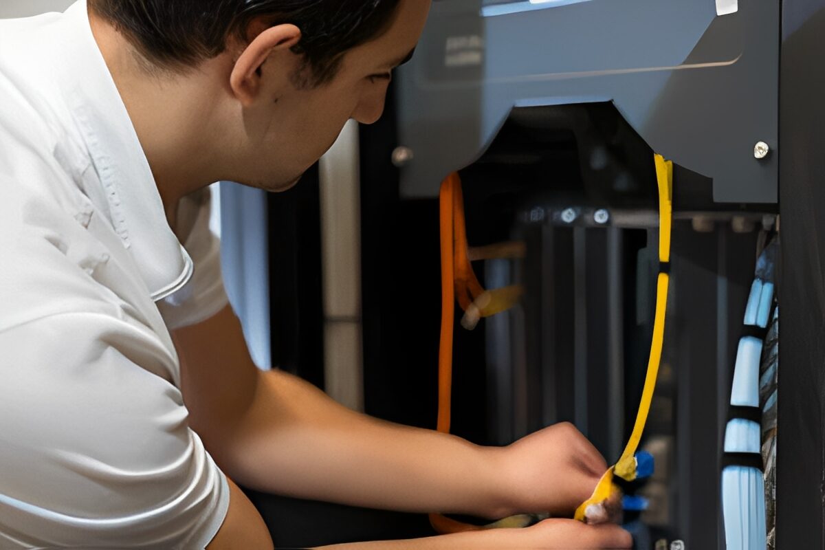 Man in a shirt working on a computer, holding a tool in his hand and surrounded by wires
