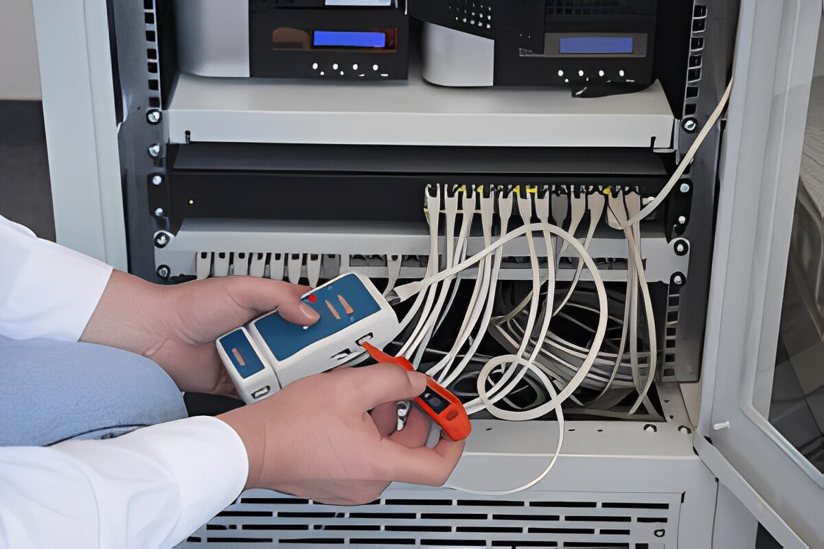 Person in a white lab coat holding a multimeter in front of a server, with wires