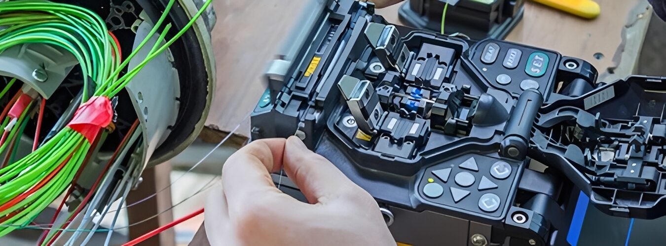 Person working on a machine with wires, surrounded by tools on a table
