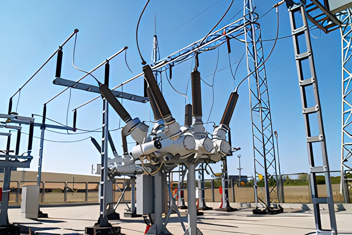 Electrical substation with a large transformer in the middle of it, surrounded by transformers, wires, poles, a ladder