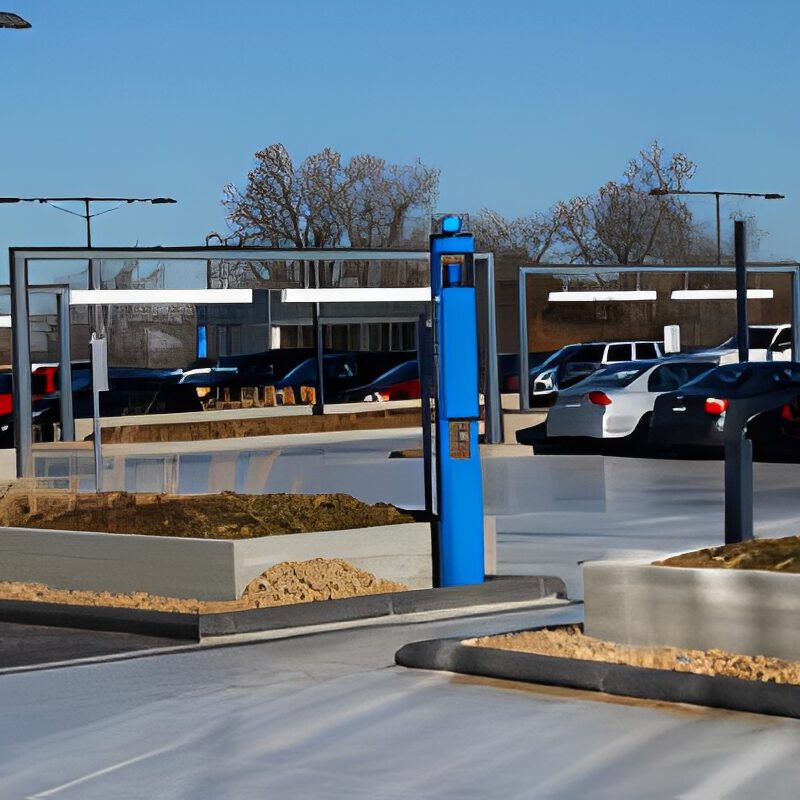 Parking lot filled with lots of cars parked in it, surrounded by poles, lights, trees