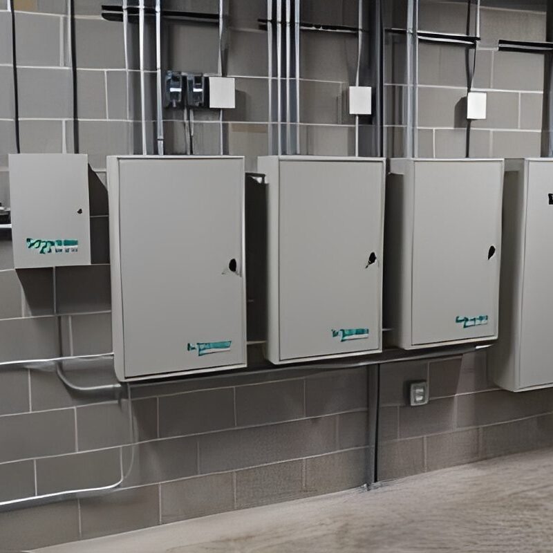 Row of electrical boxes on the wall of a building, with pipes running along the top